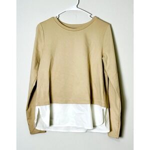 Ann Taylor Layered Look Top Long Sleeve Tunic Beige White Casual Blouse